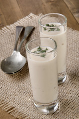 cream of mushroom soup in a shot glass