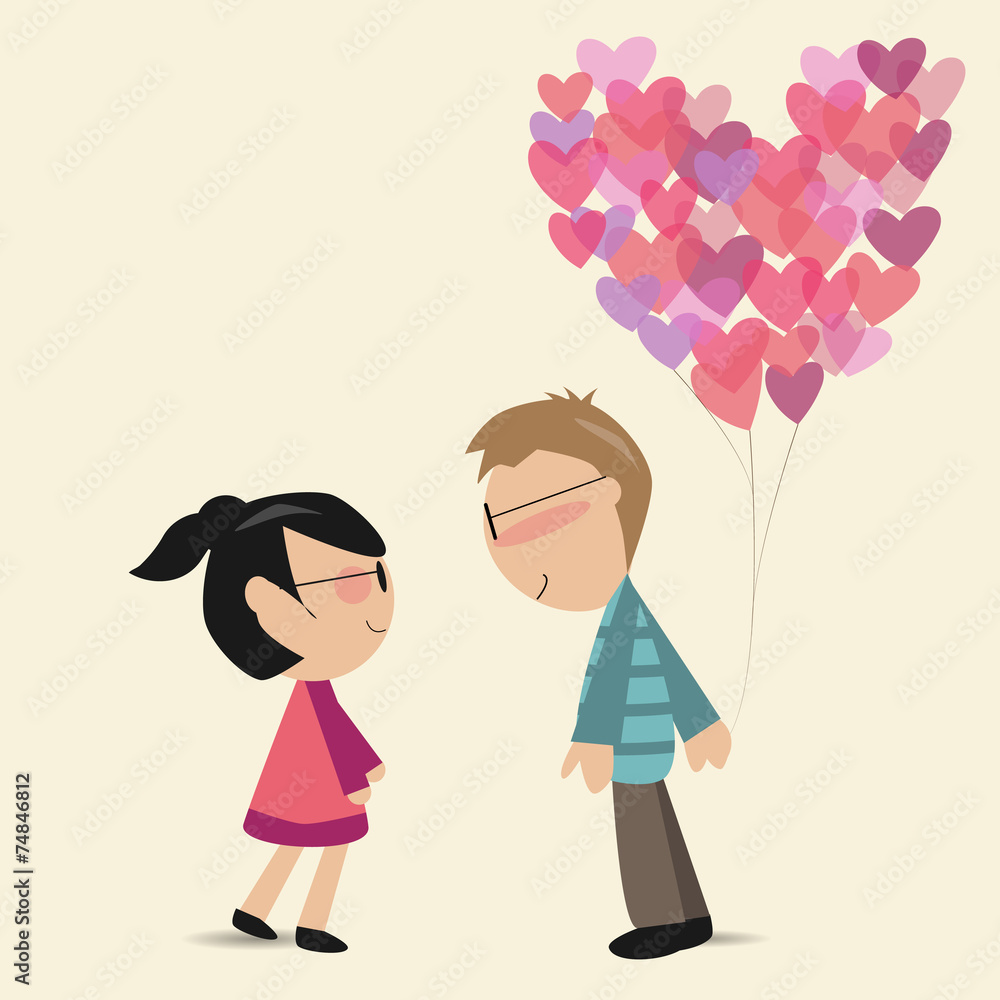 Wall mural lovers with the heart air balloon falling in love