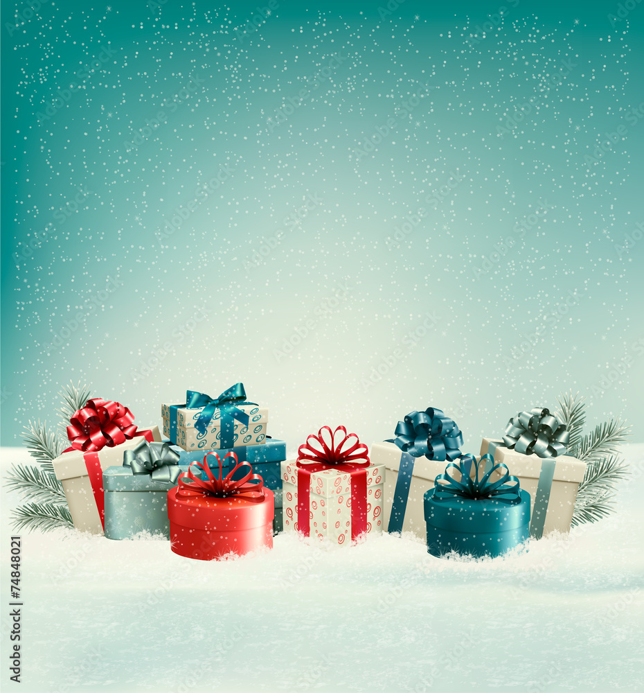 Wall mural Christmas gift boxes in snow. Vector.