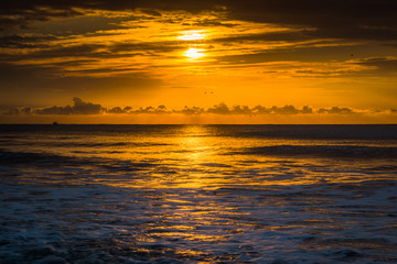 Sunrise over the Atlantic Ocean in Folly Beach, South Carolina.