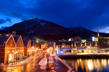 Fototapeta premium Kanemori Red Brick Warehouse in the twilight in Hakodate, Hokkai
