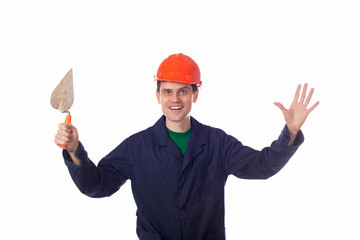 man in a helmet and storitelnoy blue robe holding building trowe