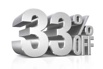 3D render silver text 33 percent off.