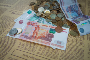 russian roubles banknotes and euro and dollars coins