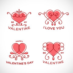 Graceful Floral Valentine Line Style Vector Heart Set