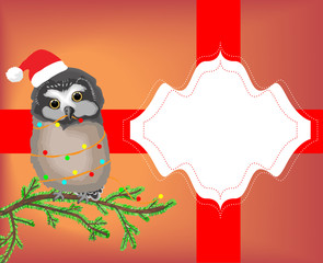 Greeting card for Christmas with an owl on a branch