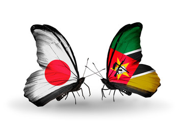 Two butterflies with flags Japan and Mozambique