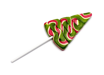 lollipop in the shape of Christmas tree on white background