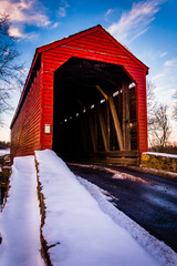 Winter view of Loy's Station Covered Bridge in rural Frederick C