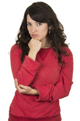 pretty young girl wearing red top posing serious