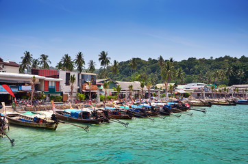 Fototapeta na wymiar Long Tail Boats on Beach at Phi Phi Leh island, Krabi, Thailand