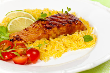Grilled salmon with seasoned rice on White Background