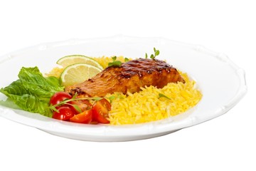 Grilled salmon with seasoned rice on White Background