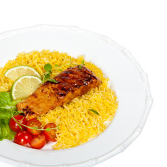 Grilled salmon with seasoned rice on White Background