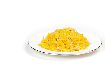 Yellow rice with cumin seeds. Selective focus.