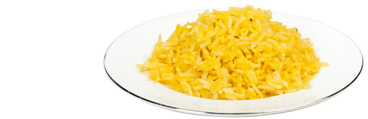 Yellow rice with cumin seeds. Selective focus.