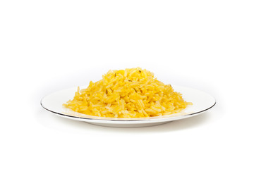 Yellow rice with cumin seeds. Selective focus.