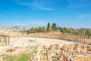 Jerash's Oval Forum in ancient Gerasa, modern Jerash, Jordan