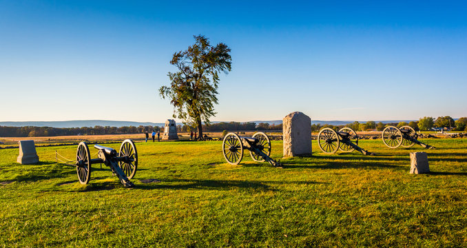 Cannons and monuments in Gettysburg, Pennsylvania.