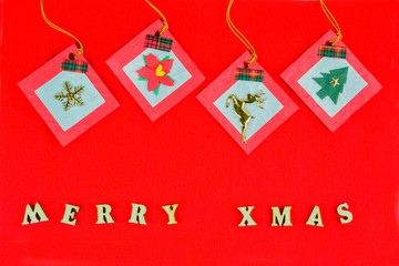Christmas ornaments on red background