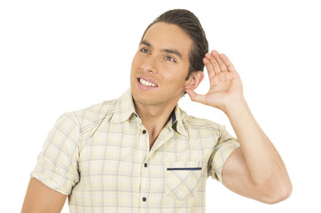young handsome hispanic man posing listening