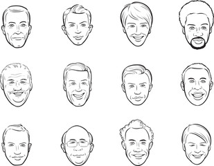 whiteboard drawing - cartoon avatar smiling men faces