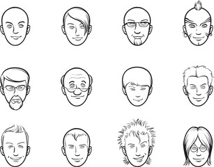 whiteboard drawing - cartoon avatar various men faces