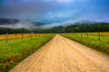 Fototapeta na wymiar Dirt road and fog in Cade's Cove in the morning, at Great Smoky