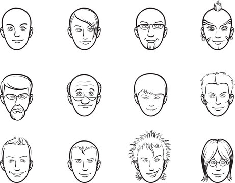 whiteboard drawing - cartoon avatar various men faces