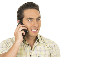 young handsome hispanic man posing using cell phone