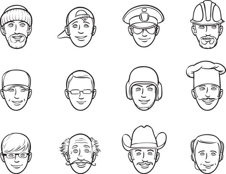 whiteboard drawing - cartoon avatar faces various occupations