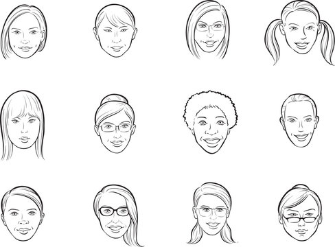 whiteboard drawing - cartoon avatar various women faces