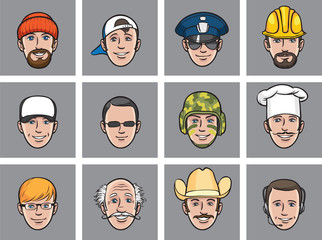 Cartoon avatar faces various occupations