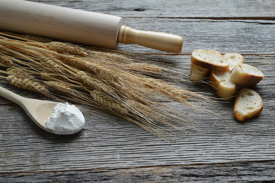 Rolling Pin with Wheat, Flour and Bread
