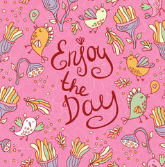 Bright fantastic background with flowers and space birds.