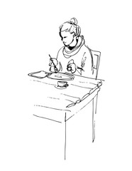 Fototapeta na wymiar woman using tablet computer and having lunch
