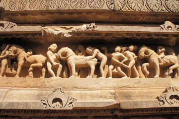 Erotic Kamasutra carvings of Hindu temple in India