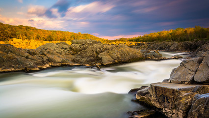 Long exposure at sunset of rapids at Great Falls Park, Virginia.