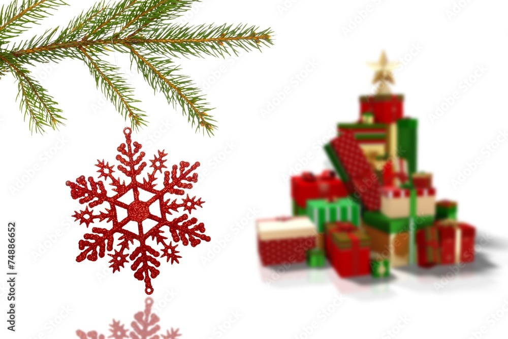 Poster composite image of red christmas decoration hanging from branch