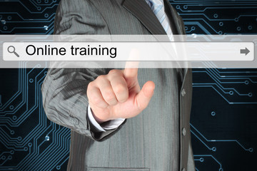 Businessman pushing virtual search bar