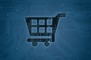 Shopping cart on digital background.