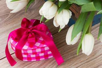bouquet of multicolored   tulip flowers with heart