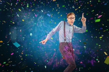 Plakat Composite image of geeky hipster dancing to vinyl