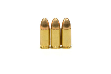A group of 9mm bullets for a a gun isolated on a white backgroun