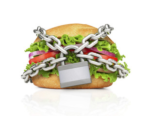 Hamburger constrained with chain. Choose healthy food.