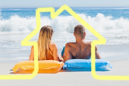 Composite image of cute couple in swimsuit sunbathing together