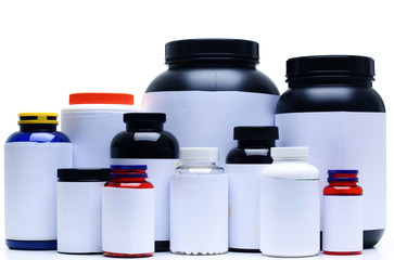 Sport Nutrition Supplement containers isolated on white