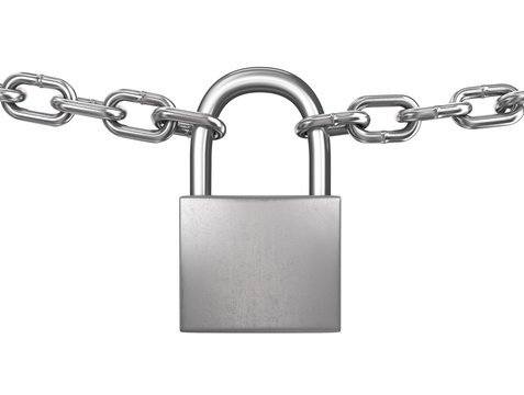 Locked padlock with silver chains isolated on white background