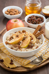 oatmeal with apples, raisins, cinnamon and ingredients, vertical