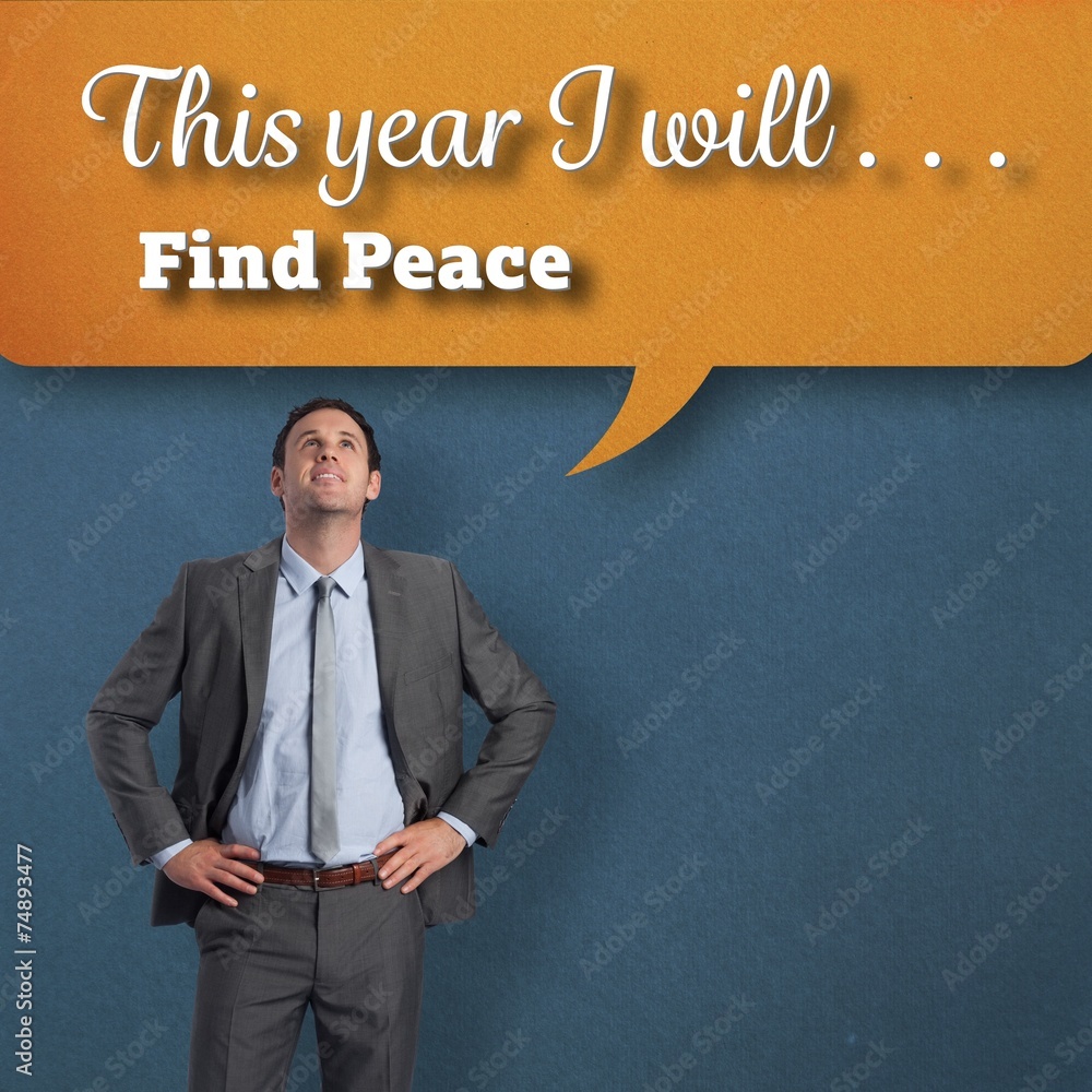Poster composite image of smiling businessman with hands on hips